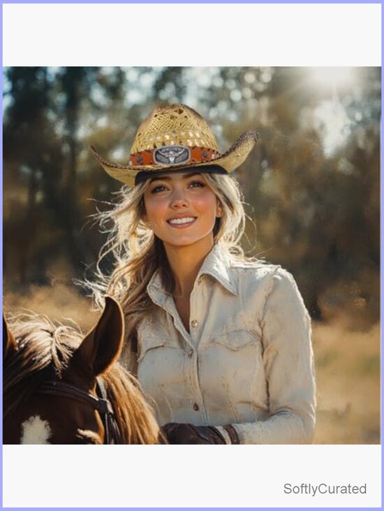 Western Straw Cowboy Hat with Two Decorative Bands and Hair Band, Wide Brim main image 4